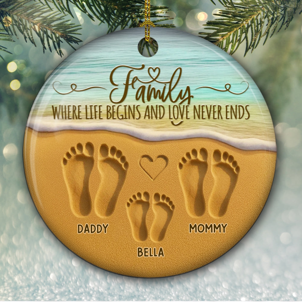 Custom Family Ornament, Christmas Gift for Family Members •  Where Love Never Ends - Personalized Ceramic Ornament