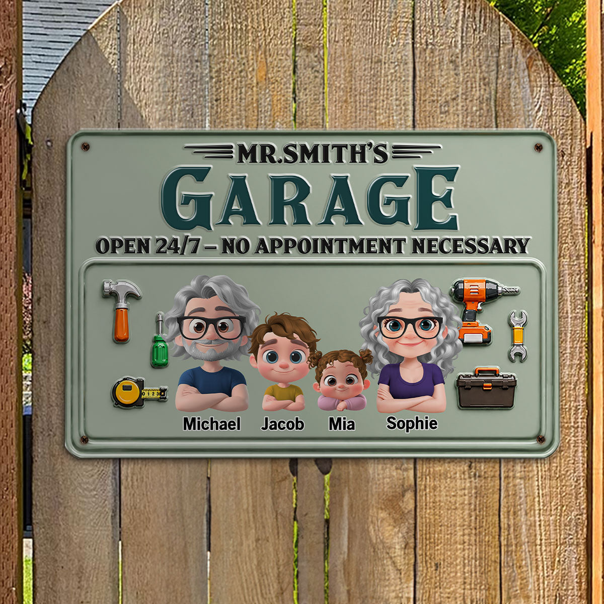 Custom Family Summer Backyard, Patio & Porch Decor • Mr Fix It Garage - Personalized Metal Sign