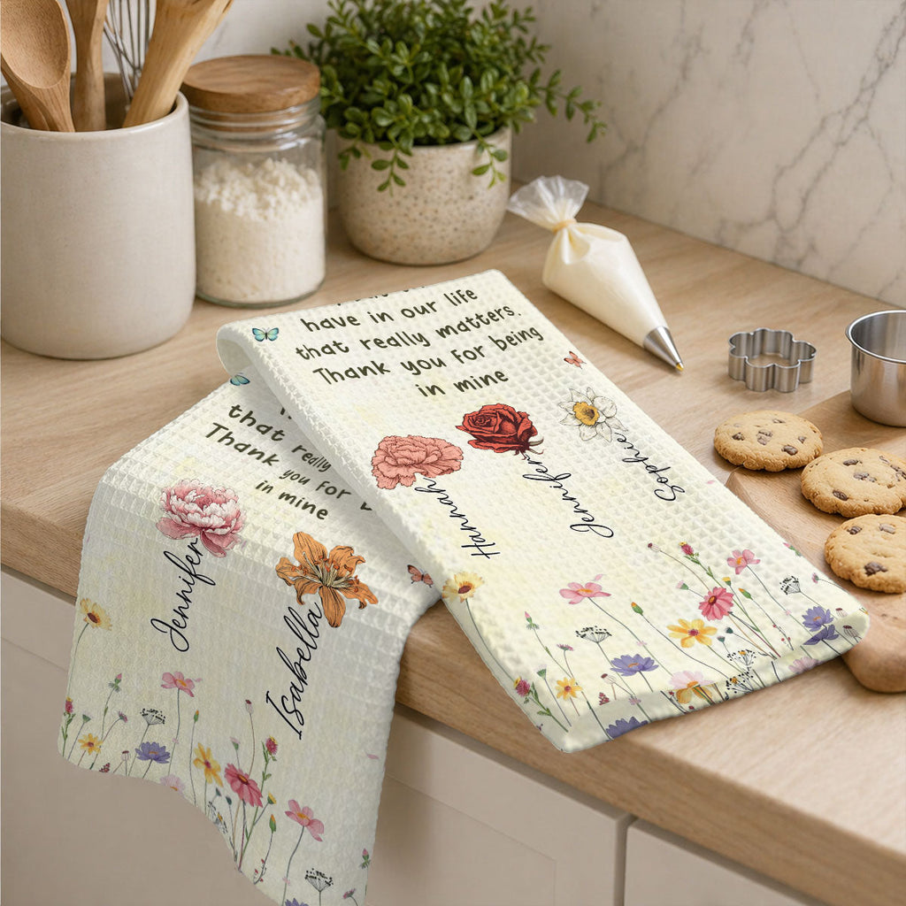 Custom Sister Kitchen Towel With Names, Birthday Christmas Gift For Sister Sibling • Thank You For Being In Mine - Personalized Kitchen Towel