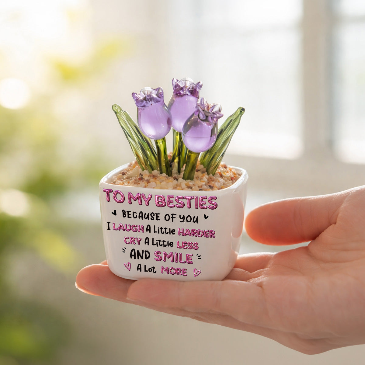 Custom Flower Keepsake, Glass Home Decor Gift for Best Friend • Smile More - Personalized Glass Everlasting Tulips