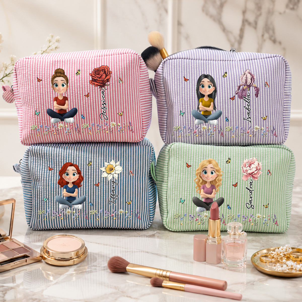 Vintage Floral Soul - Personalized Seersucker Print Makeup Bag