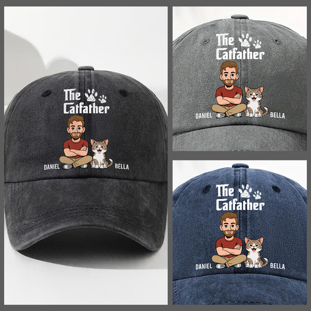 Custom Christmas Headwear Birthday Gifts for Cat Parents • Cool Cat Father Retro - Personalized Vintage Washed Denim Cap