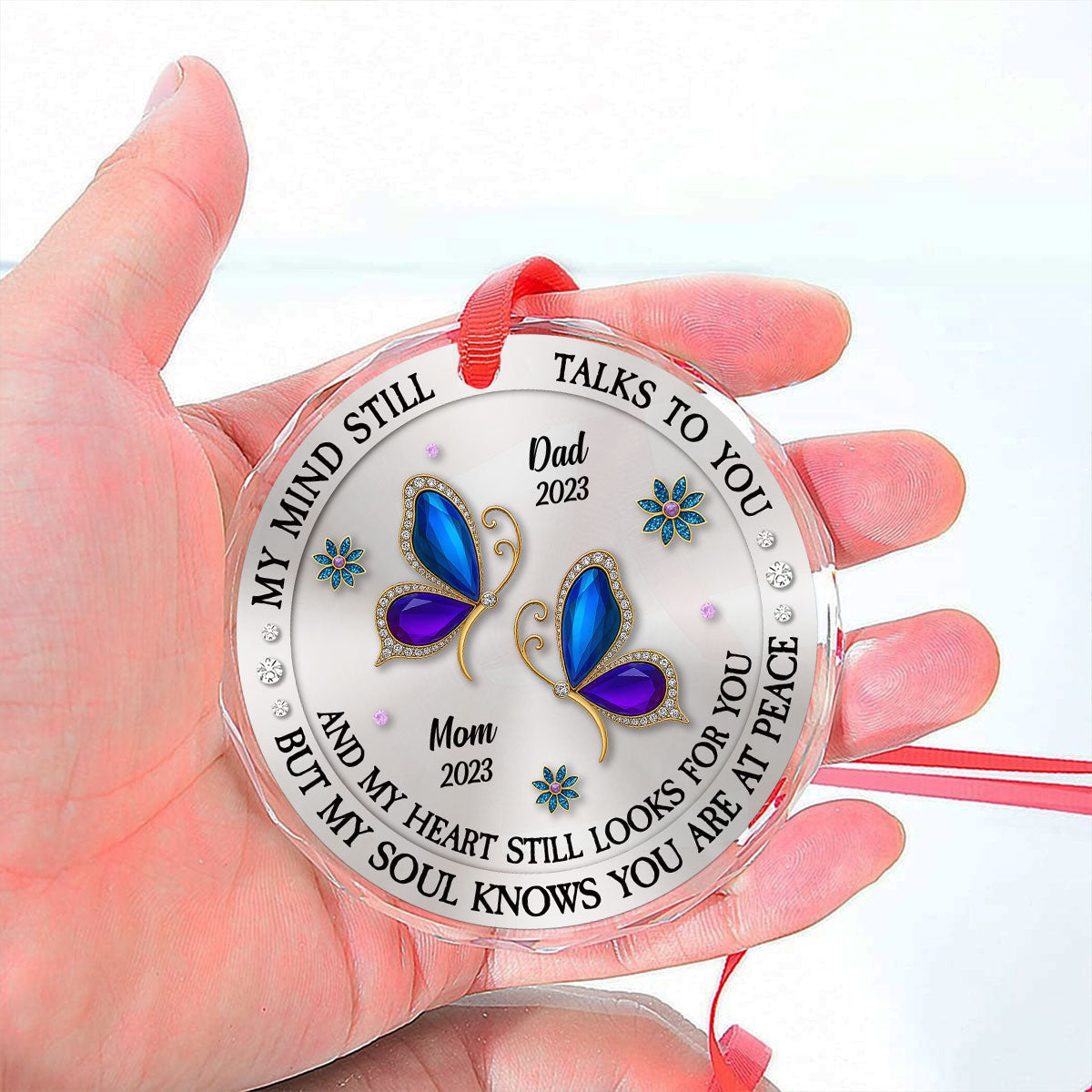 Custom Name & Year Memorial Christmas Ornament, Sympathy Keepsake • My Mind My Heart My Soul Memorial - Personalized Glass Ornament