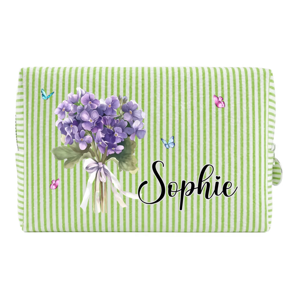 Custom Name & Birth Flower For Her, Wife, Daughter, Sister, Friends • Birth Month Flower - Personalized Seersucker Print Makeup Bag