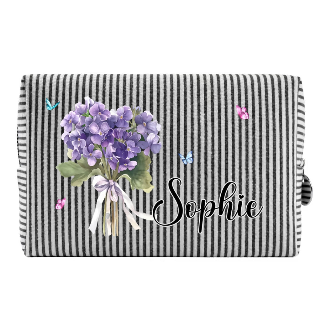 Custom Name & Birth Flower For Her, Wife, Daughter, Sister, Friends • Birth Month Flower - Personalized Seersucker Print Makeup Bag