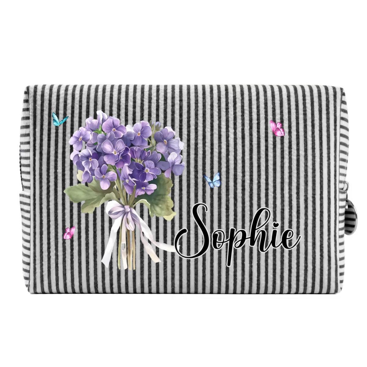 Custom Name & Birth Flower For Her, Wife, Daughter, Sister, Friends • Birth Month Flower - Personalized Seersucker Print Makeup Bag