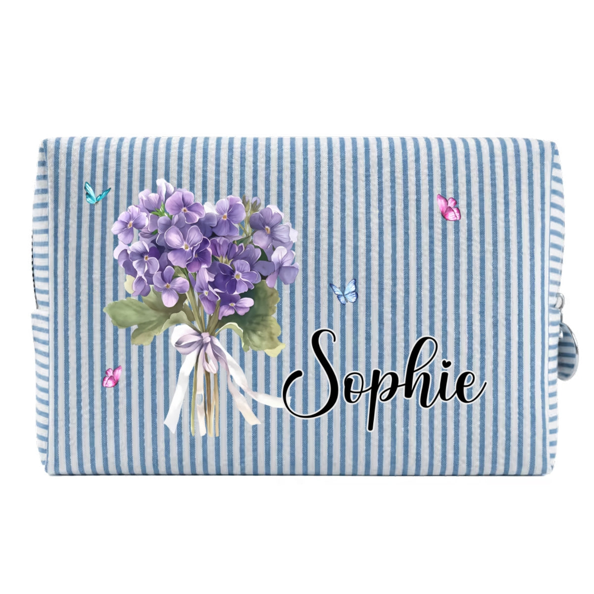 Custom Name & Birth Flower For Her, Wife, Daughter, Sister, Friends • Birth Month Flower - Personalized Seersucker Print Makeup Bag