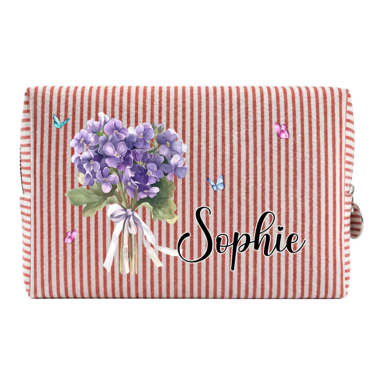 Custom Name & Birth Flower For Her, Wife, Daughter, Sister, Friends • Birth Month Flower - Personalized Seersucker Print Makeup Bag