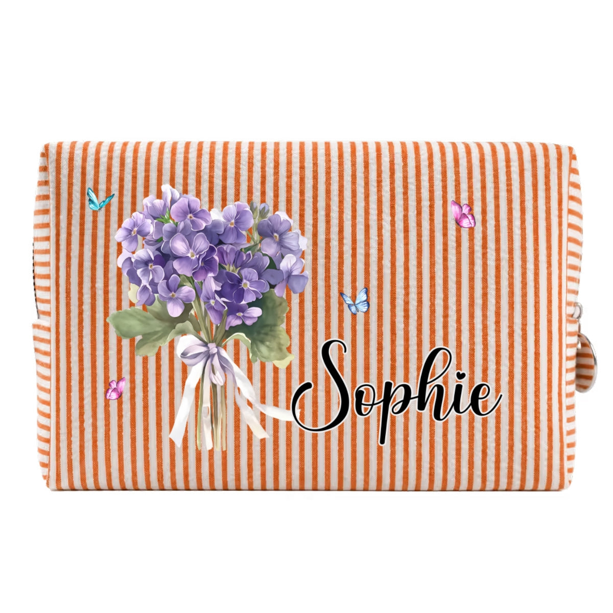 Custom Name & Birth Flower For Her, Wife, Daughter, Sister, Friends • Birth Month Flower - Personalized Seersucker Print Makeup Bag
