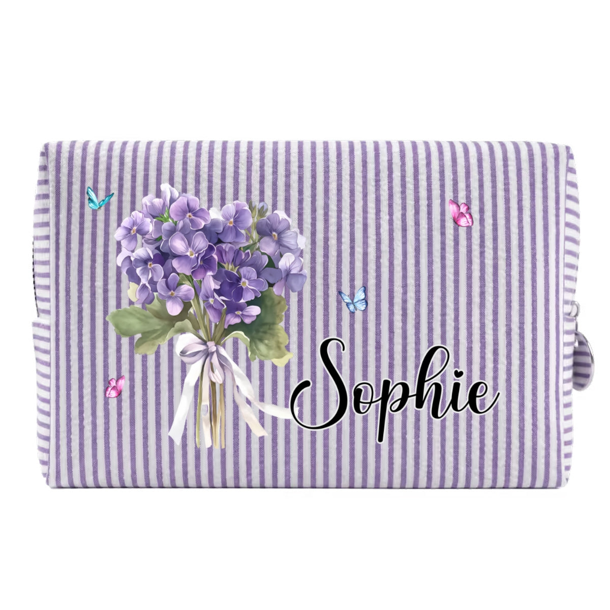 Custom Name & Birth Flower For Her, Wife, Daughter, Sister, Friends • Birth Month Flower - Personalized Seersucker Print Makeup Bag