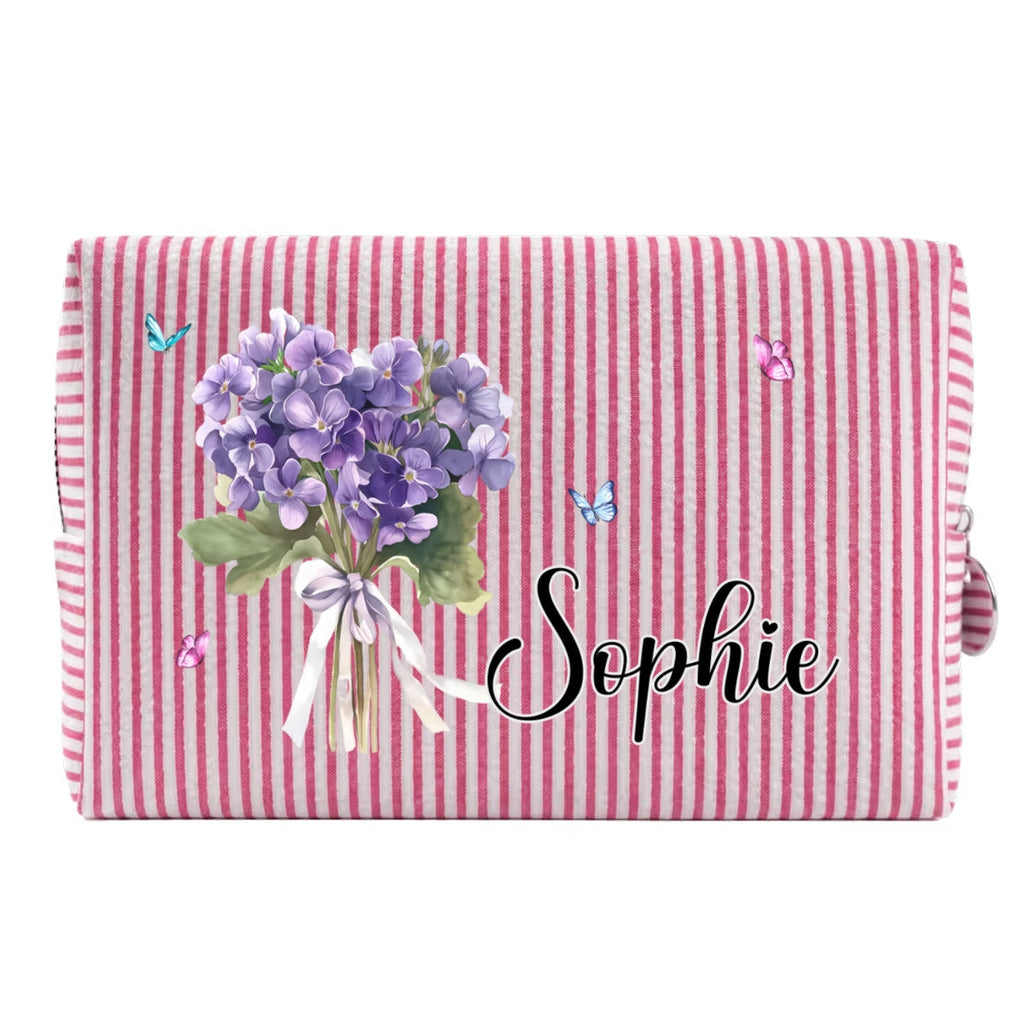 Custom Name & Birth Flower For Her, Wife, Daughter, Sister, Friends • Birth Month Flower - Personalized Seersucker Print Makeup Bag