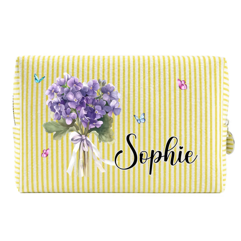 Custom Name & Birth Flower For Her, Wife, Daughter, Sister, Friends • Birth Month Flower - Personalized Seersucker Print Makeup Bag