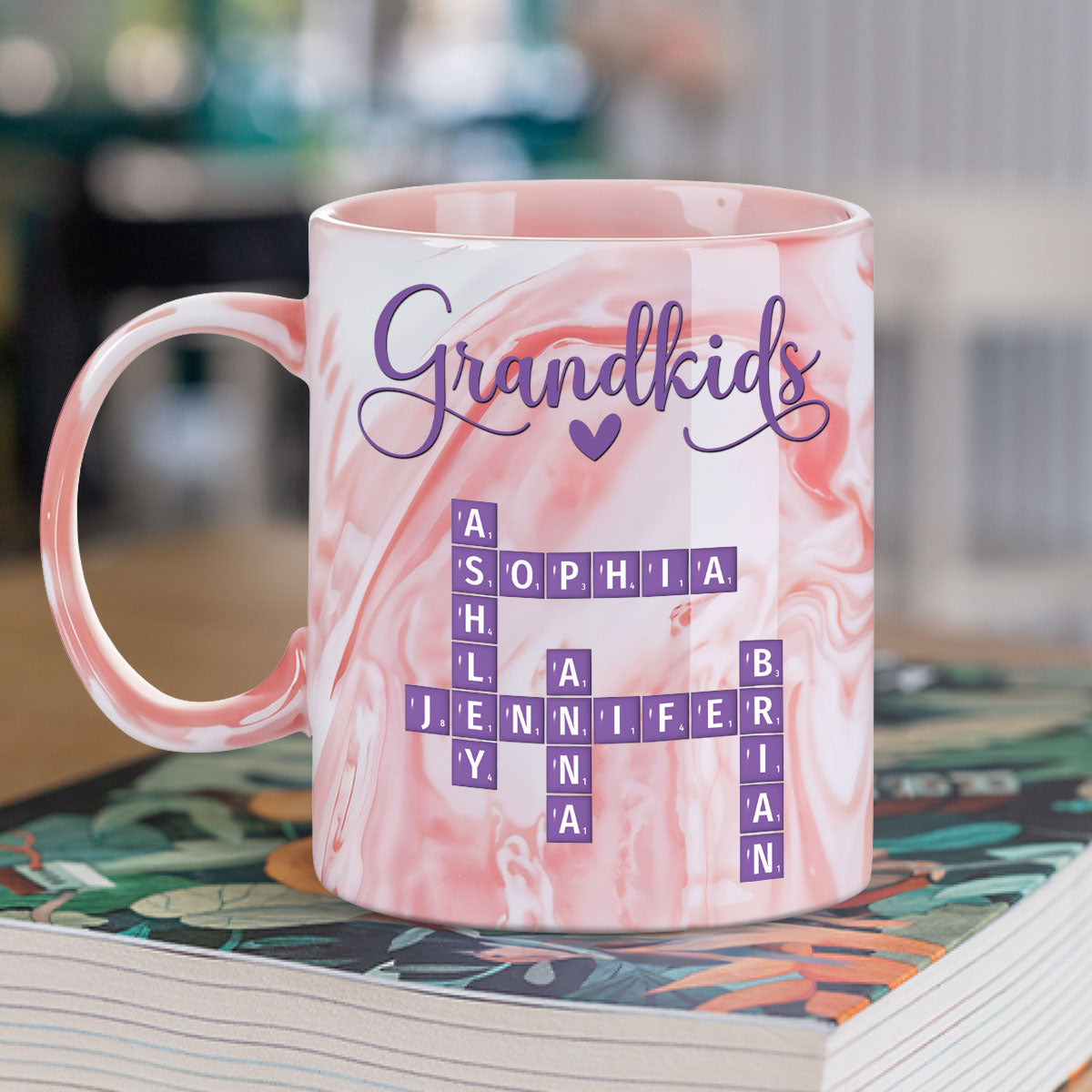 Custom Mother's Day Gift for Mom & Grandma • Love My Grandkids Crossword - Personalized Pink Marble Mug