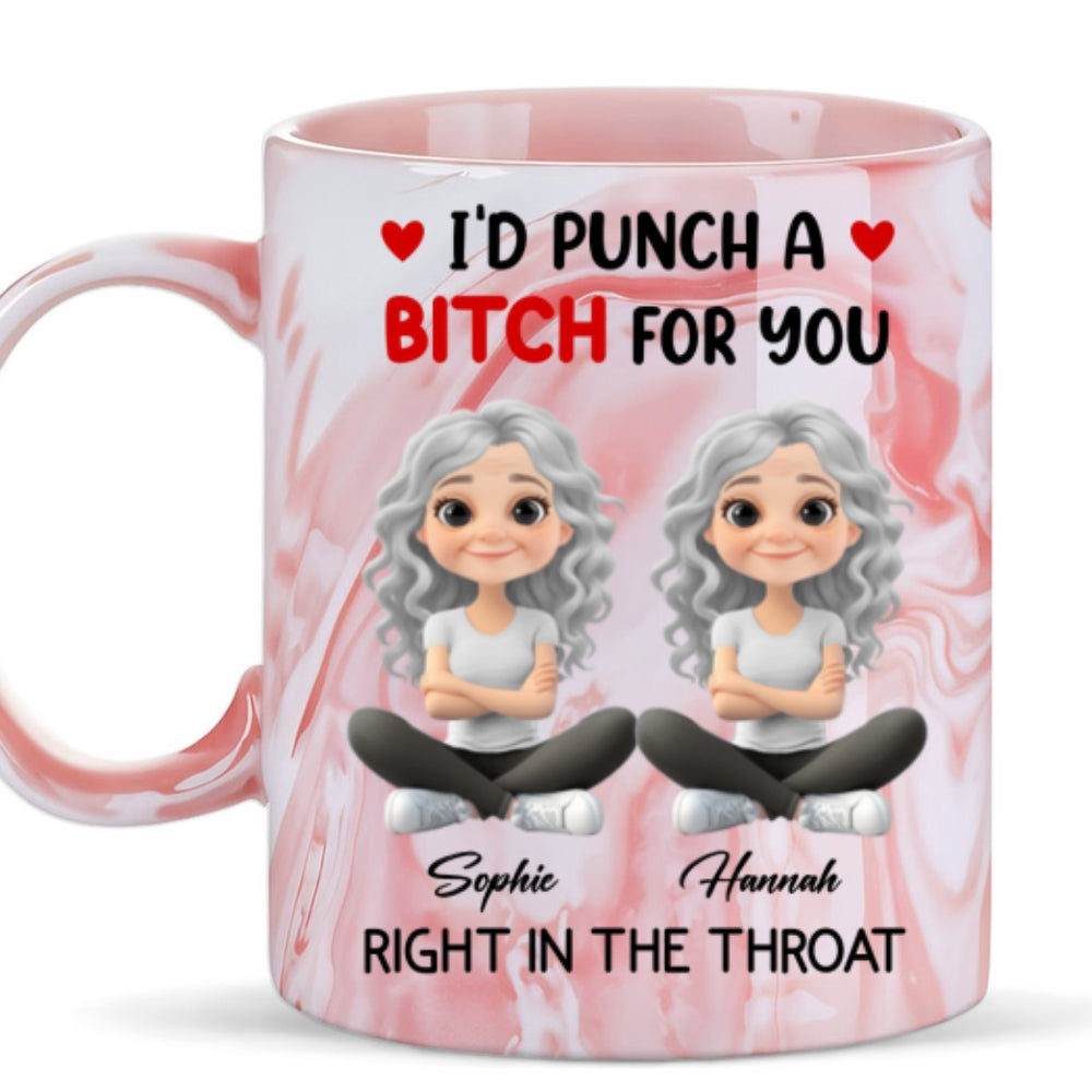 Custom Best Friend, Christmas & Birthday Friendship Keepsake Gift • I Punch A Bitch For You My Friend Chibi Cartoon - Personalized Pink Marble Mug