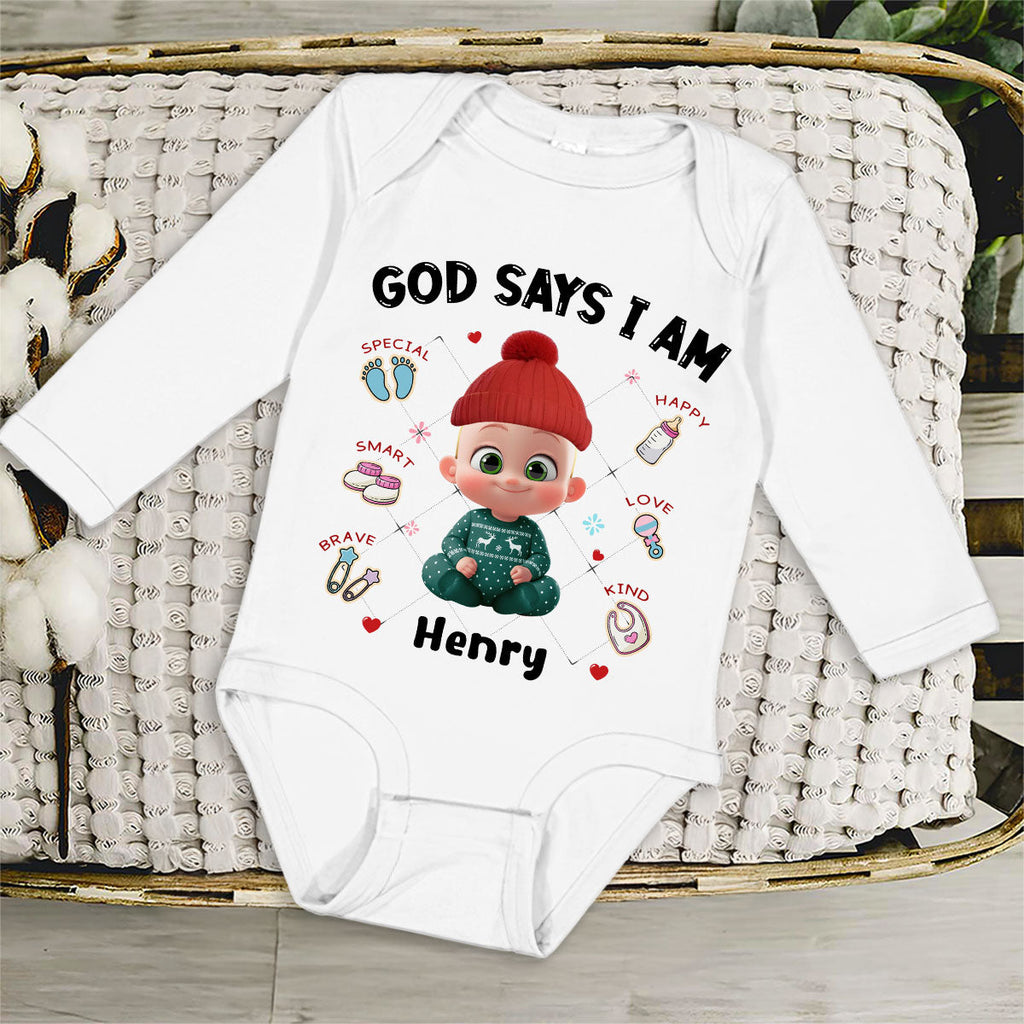 God Says I Am - Personalized Long Sleeve Baby Onesie
