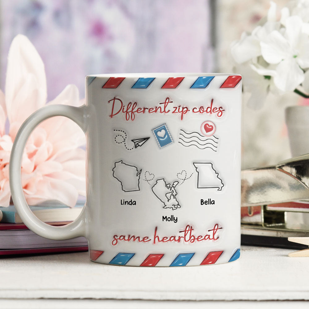 Custom Best Friend, Christmas & Birthday Friendship Keepsake Gift • Different Zip Code Envelopes - Personalized 3D Inflated Effect Coffee Mug