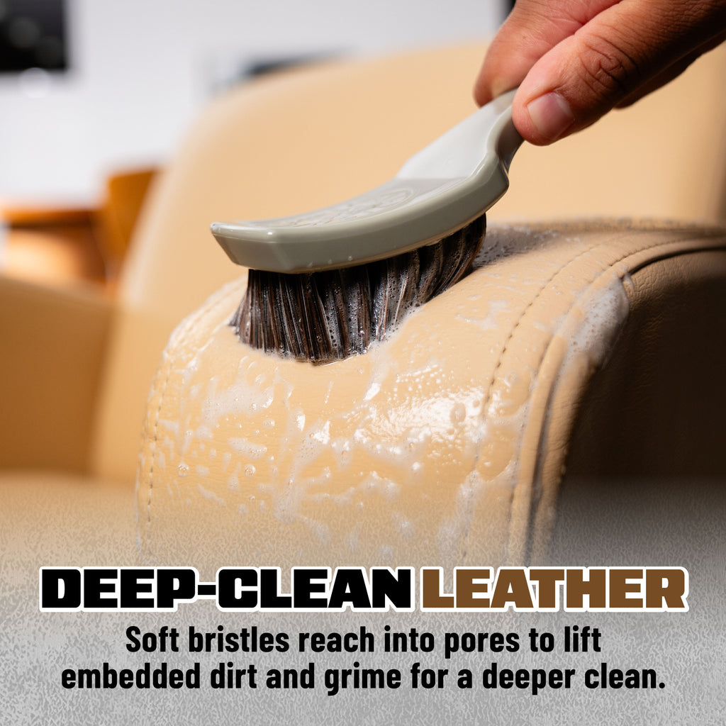 Nifty Leather Cleaning Brush deep-cleaning foamy leather car seat - soft bristles reach into pores to lift embedded dirt and grime