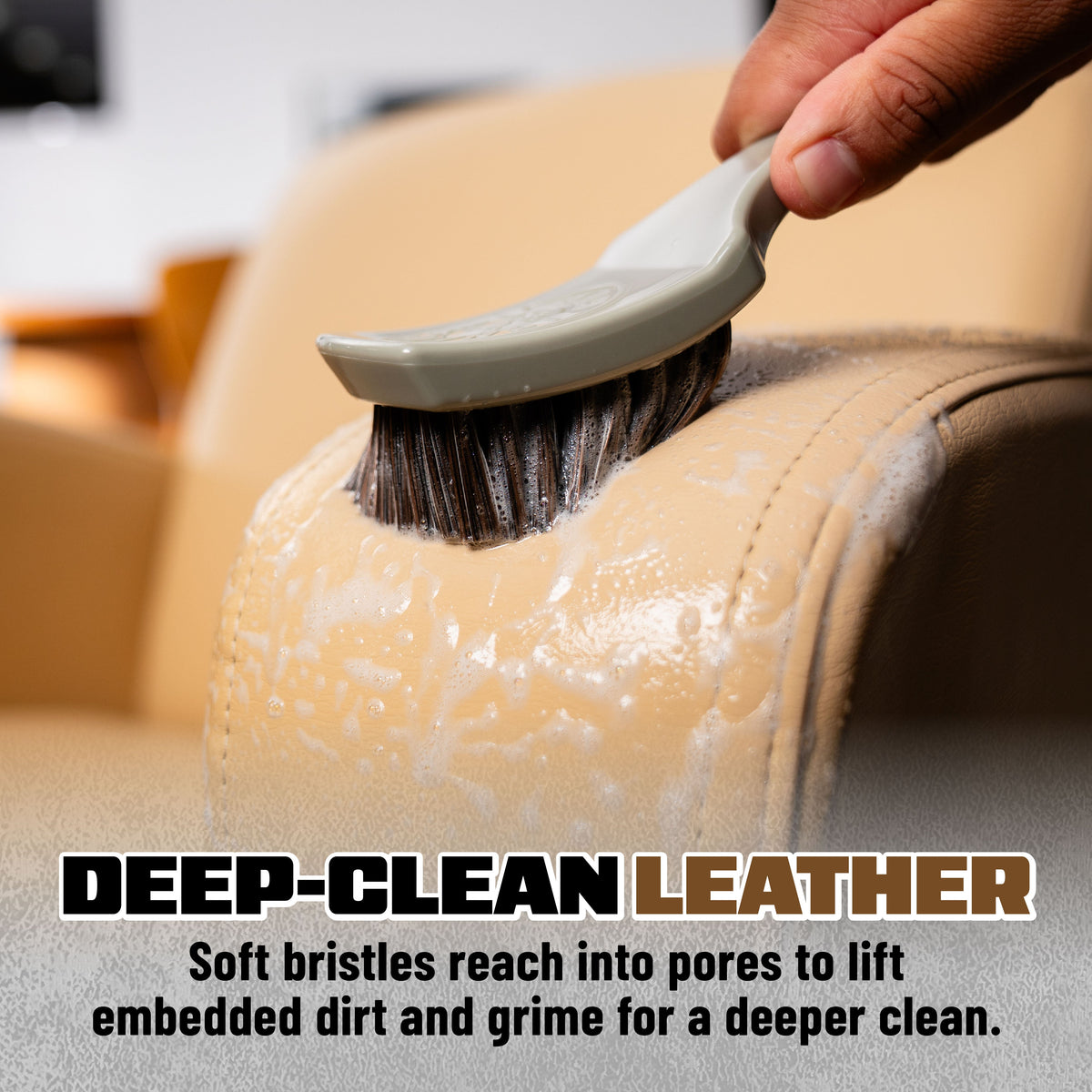 Nifty Leather Cleaning Brush deep-cleaning foamy leather car seat - soft bristles reach into pores to lift embedded dirt and grime