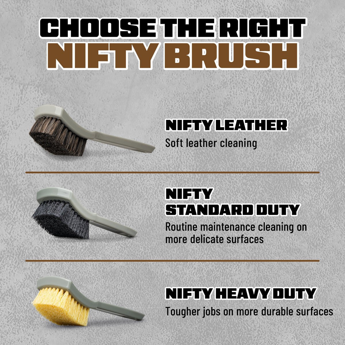 Choose the right Nifty brush chart: Nifty Leather for soft leather cleaning, Nifty Standard Duty for routine maintenance on delicate surfaces, and Nifty Heavy Duty for tougher jobs on durable surfaces