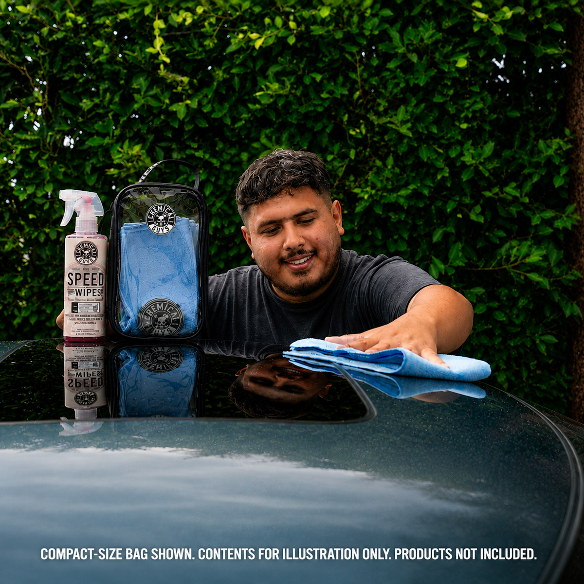 Man smiling with Clear Carry Zippered Storage Bag compact size on car hood, wiping with blue microfiber towel - contents for illustration only, products not included