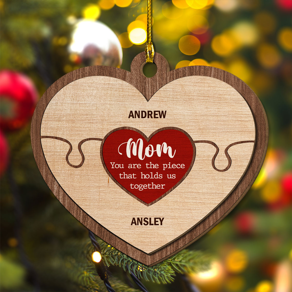 Custom Family Ornament, Christmas Gift for Family Members •  Mom Holds Us Together - Personalized Freeshape 2-Layered Wood Ornament