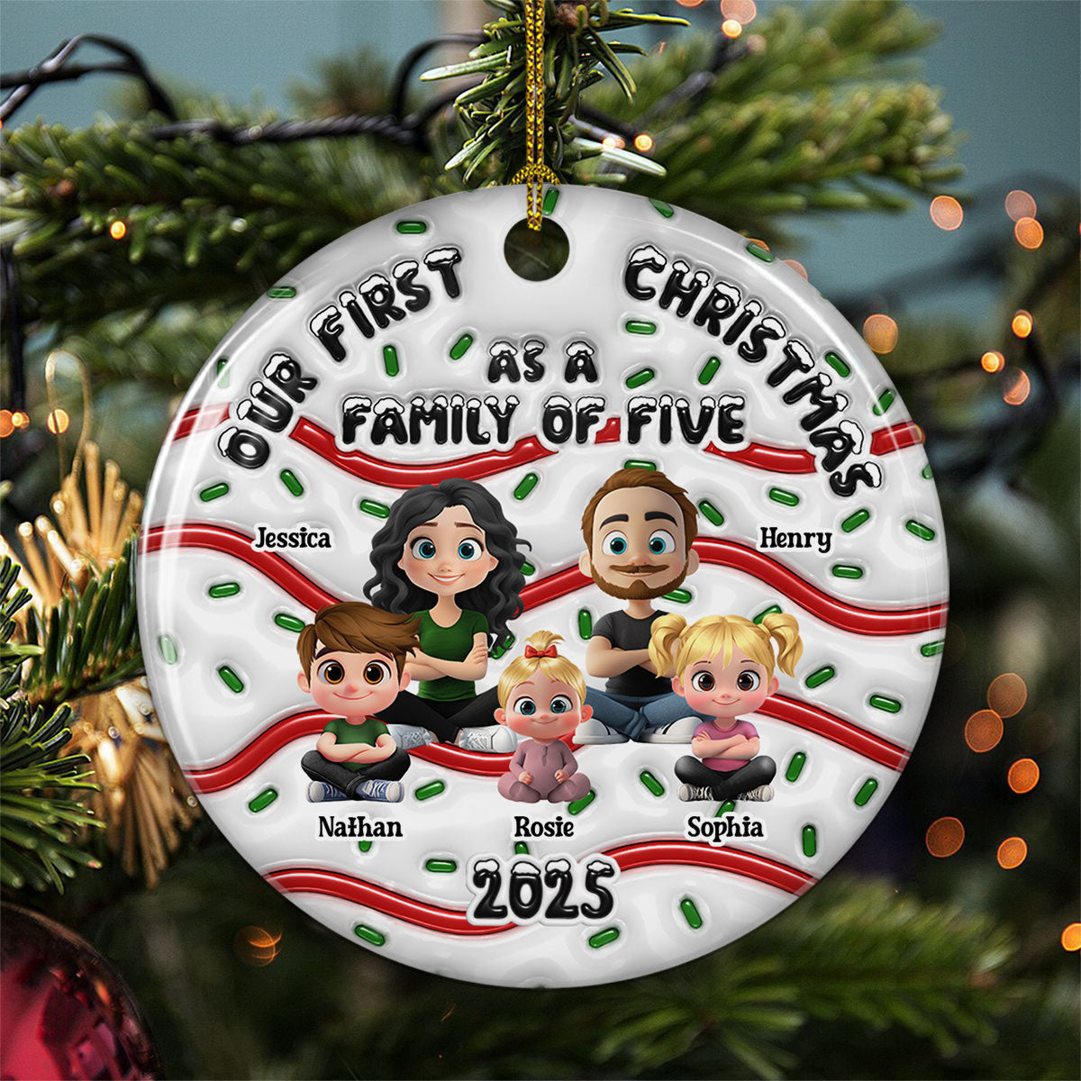 Custom Keepsake Christmas Ornament •  Family Cake - Personalized 3D Inflated Effect Ceramic Ornament