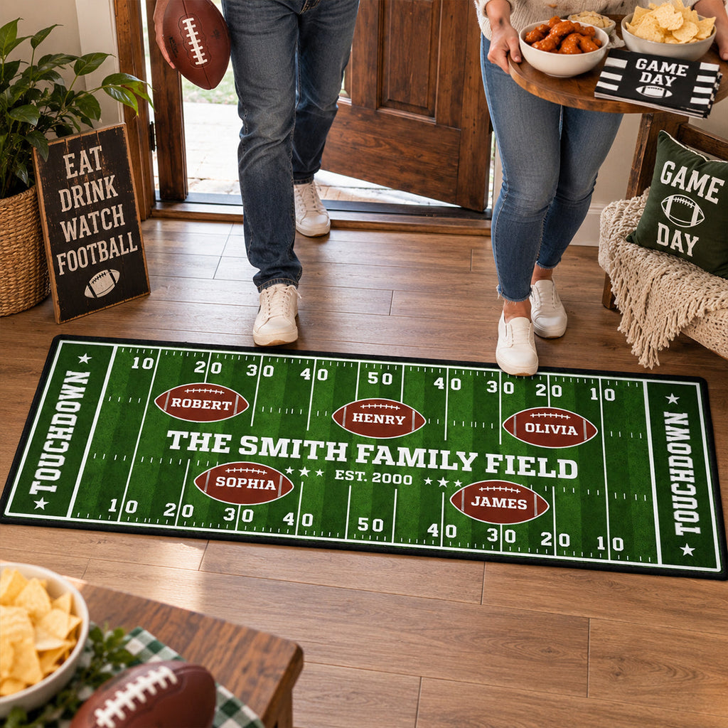 Custom Family Name Rug, Housewarming Birthday Gift For Family Members • Our Team Our Home Field - Personalized Runner Rug