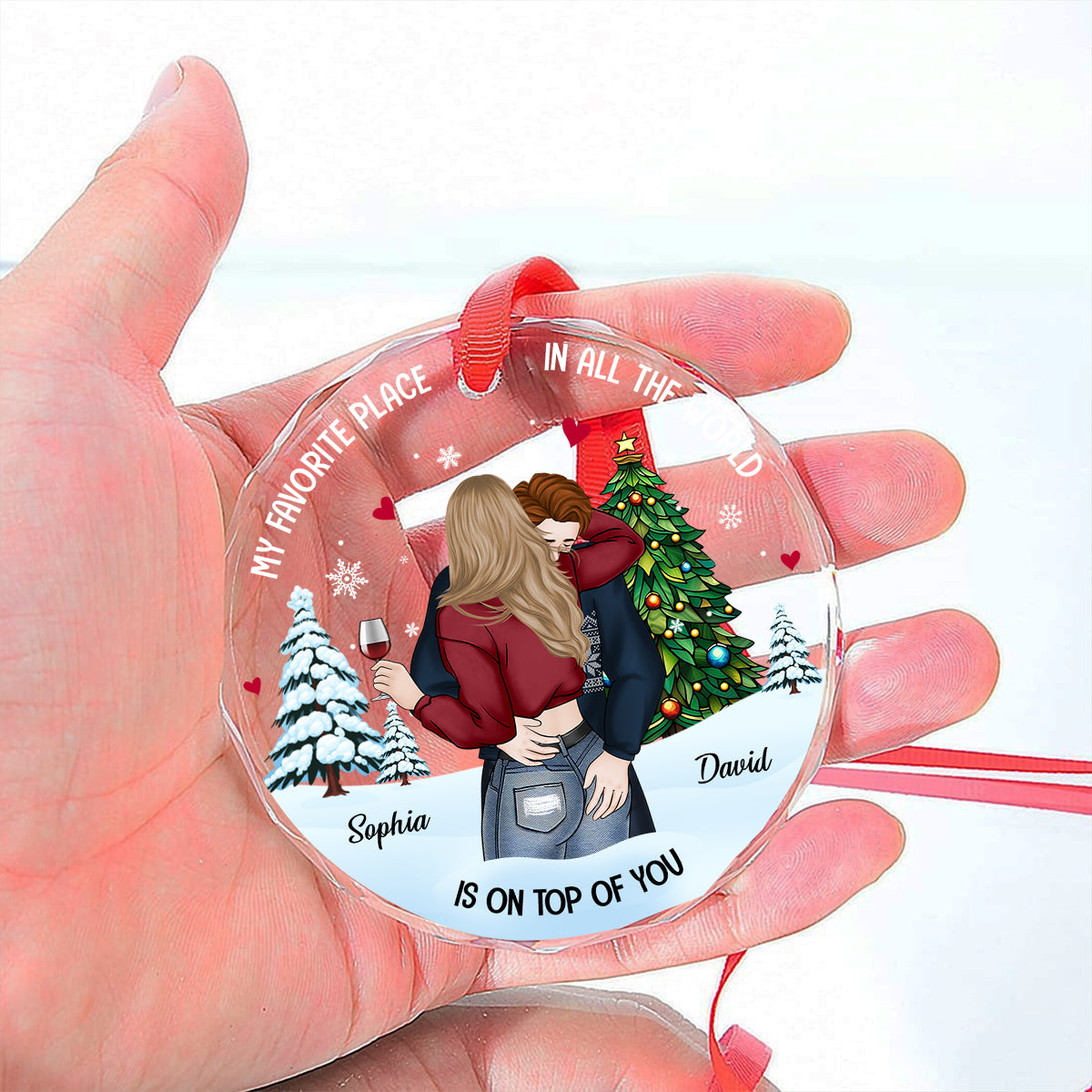 Custom Couple Christmas Ornament, Anniversary Gift •  My Favorite Place - Personalized Glass Ornament