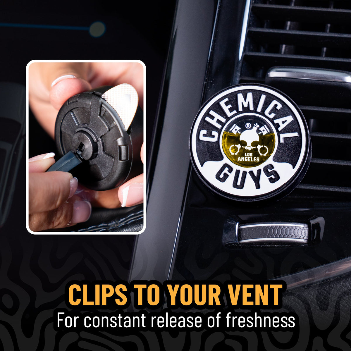 A round Chemical Guys car air freshener clip attached to a black car vent, with a small inset showing a hand inserting the clip into a vent. Text reads 'CLIPS TO YOUR VENT For constant release of freshness'.