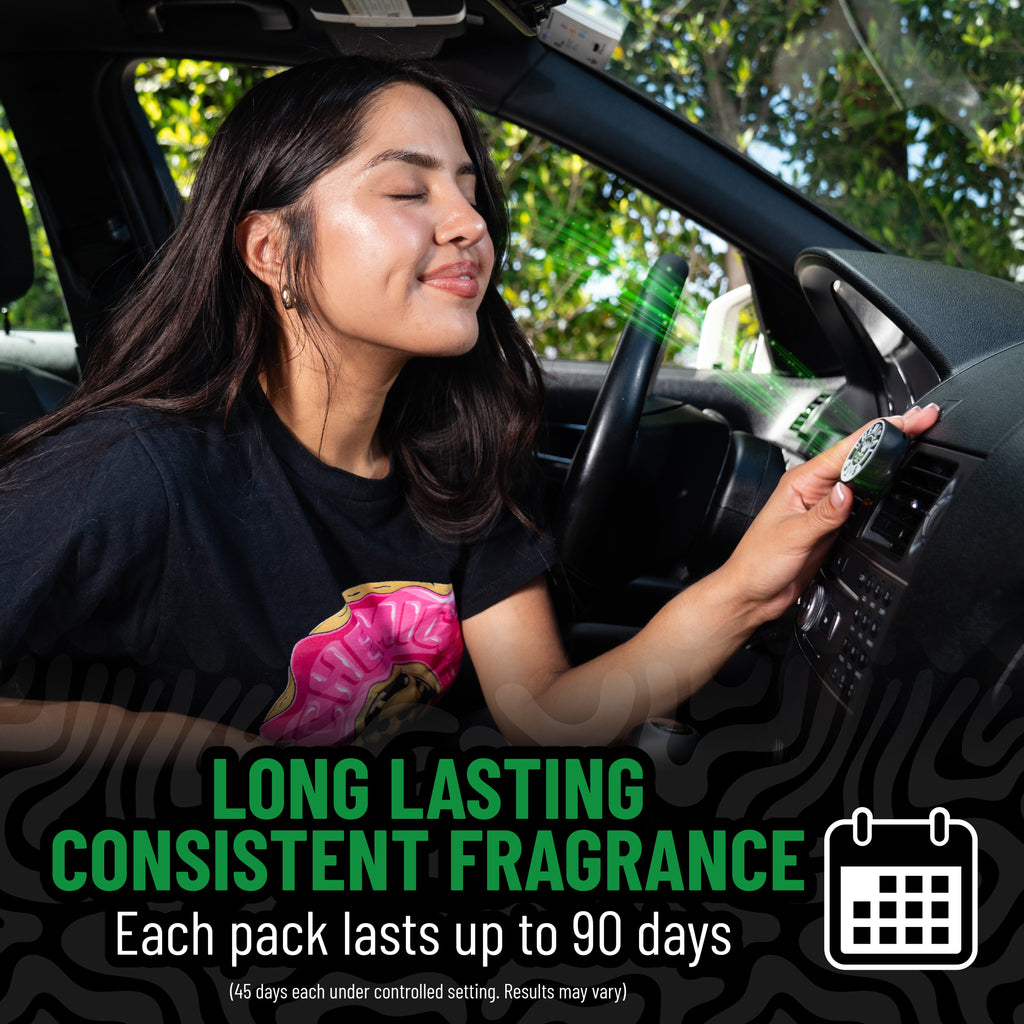 Woman in car enjoying scent from ScentTab vent clip air freshener - long lasting consistent fragrance, each pack lasts up to 90 days