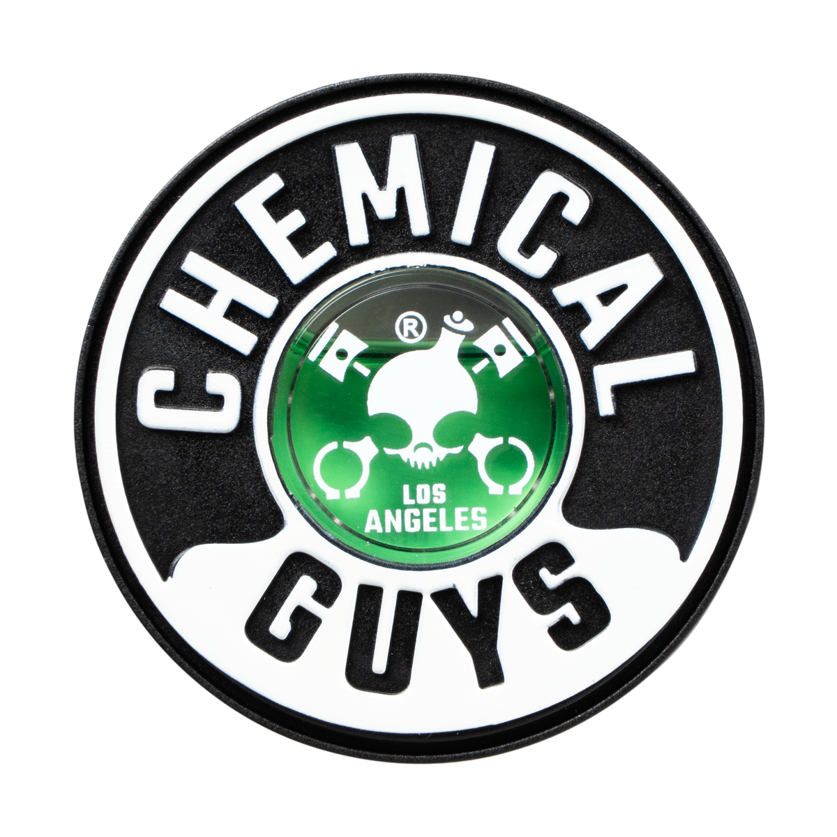 A round Chemical Guys logo patch or emblem on a plain white background. The design features the brand name 'CHEMICAL GUYS' in bold white letters on a black circular border, with a green center containing a skull and crossed tools above the words 'LOS ANGELES'.