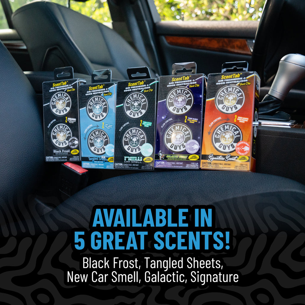 ScentTab vent clip air freshener boxes in car - available in 5 great scents: Black Frost, Tangled Sheets, New Car Smell, Galactic, and Signature