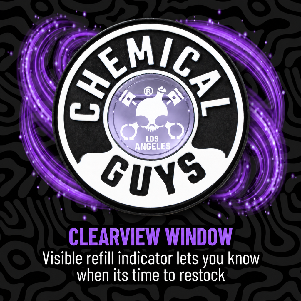 A circular Chemical Guys product badge or decal on a black patterned background with purple glowing swirls. The badge reads 'CHEMICAL GUYS' around a central logo, and text below says 'CLEARVIEW WINDOW' with a note about a visible refill indicator.