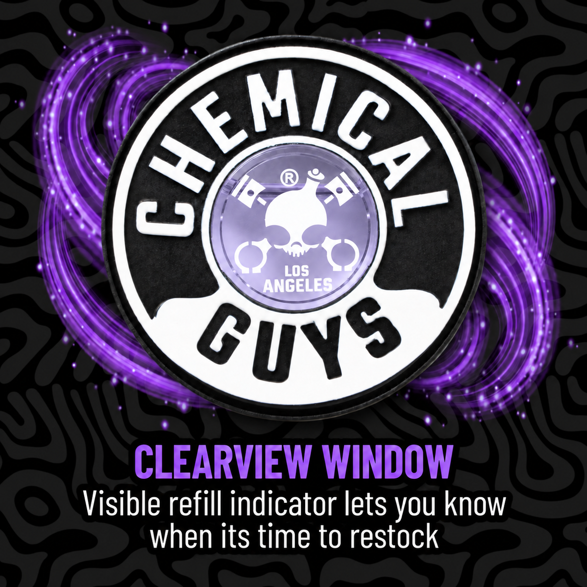 A circular Chemical Guys product badge or decal on a black patterned background with purple glowing swirls. The badge reads 'CHEMICAL GUYS' around a central logo, and text below says 'CLEARVIEW WINDOW' with a note about a visible refill indicator.