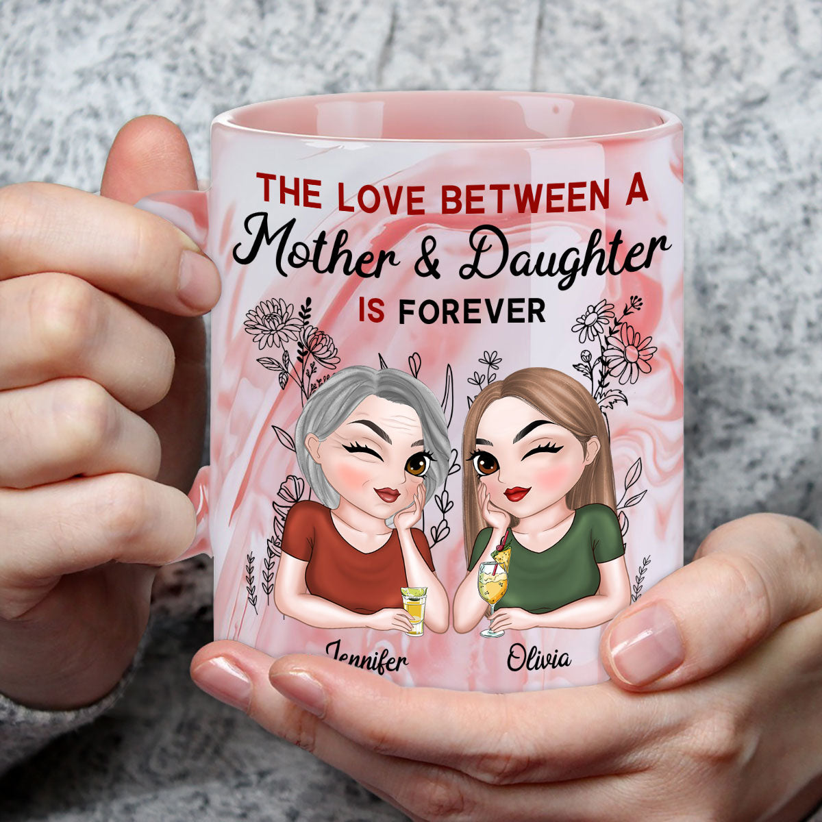 Custom Mother's Day Gift for Mom & Grandma • Mother And Daughter Always Together - Personalized Pink Marble Mug