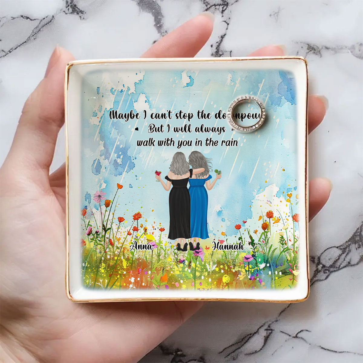 Custom Bestie Trinket Dish, Birthday Christmas Gift For Best Friend • Walk With You In The Rain - Personalized Jewelry Dish