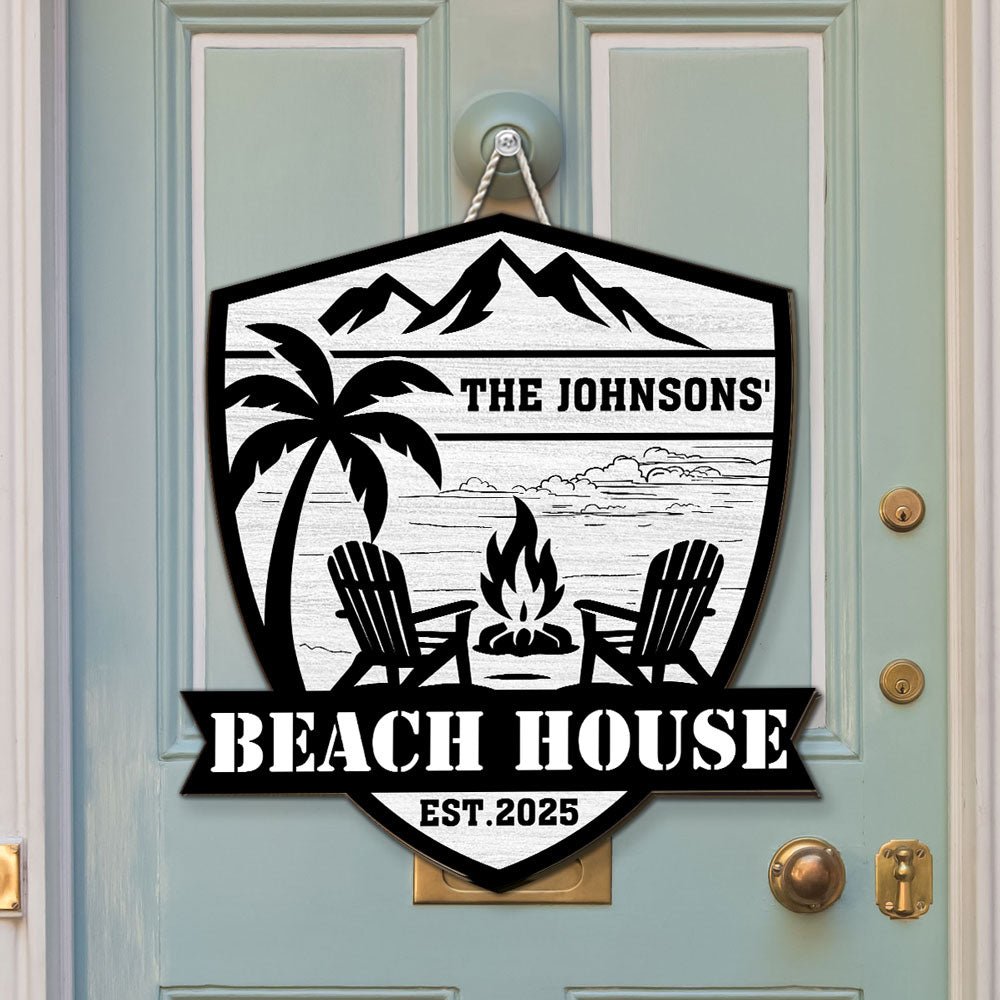 Custom Family Summer Backyard, Patio & Porch Decor • At The Beach House - Personalized Wood Sign