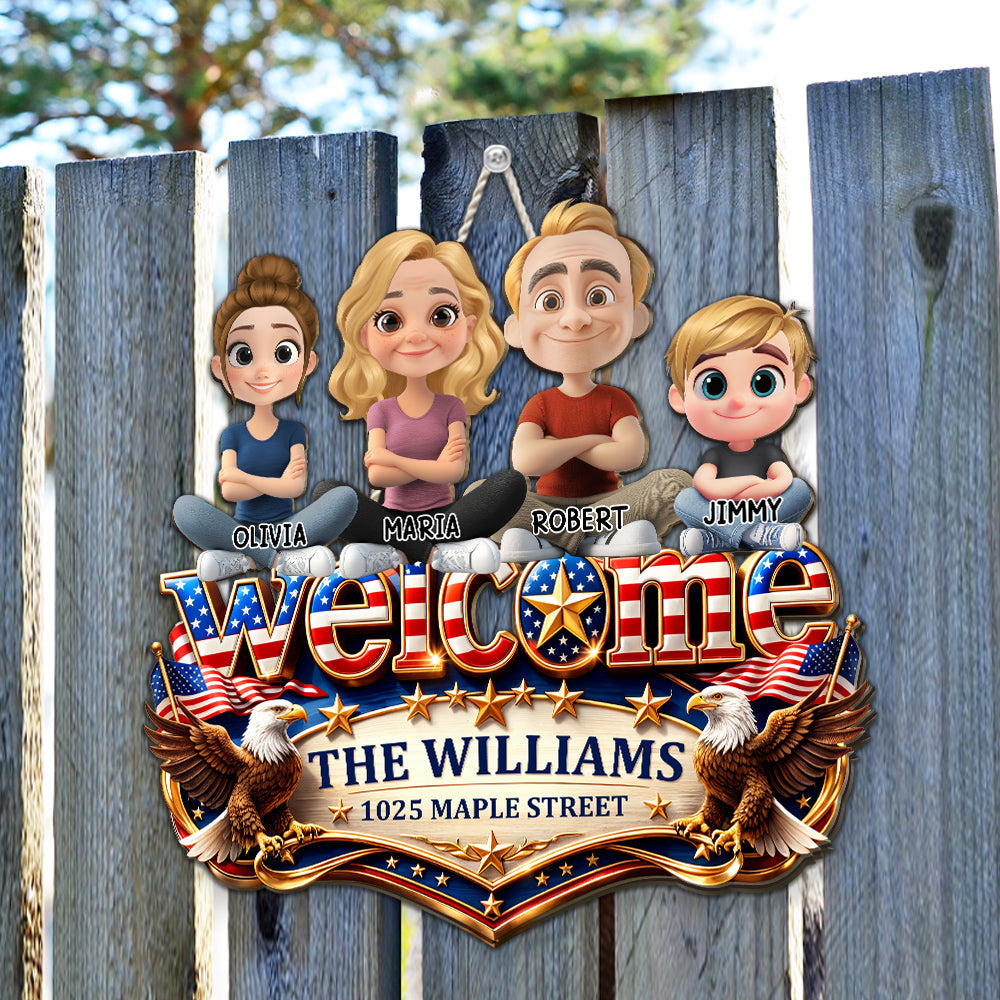 Custom Family Patriotic Hanging Decor, 4th of July • Welcome Home Sweet Home - Personalized Wood Sign