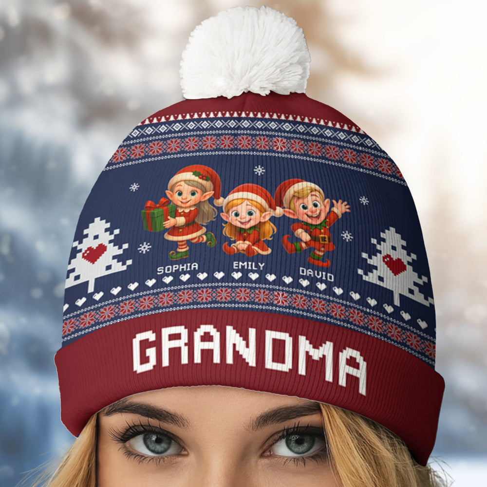 Custom Grandma Christmas Winter Hat • Love Beyond Generations - Personalized Bobble Beanie Hat