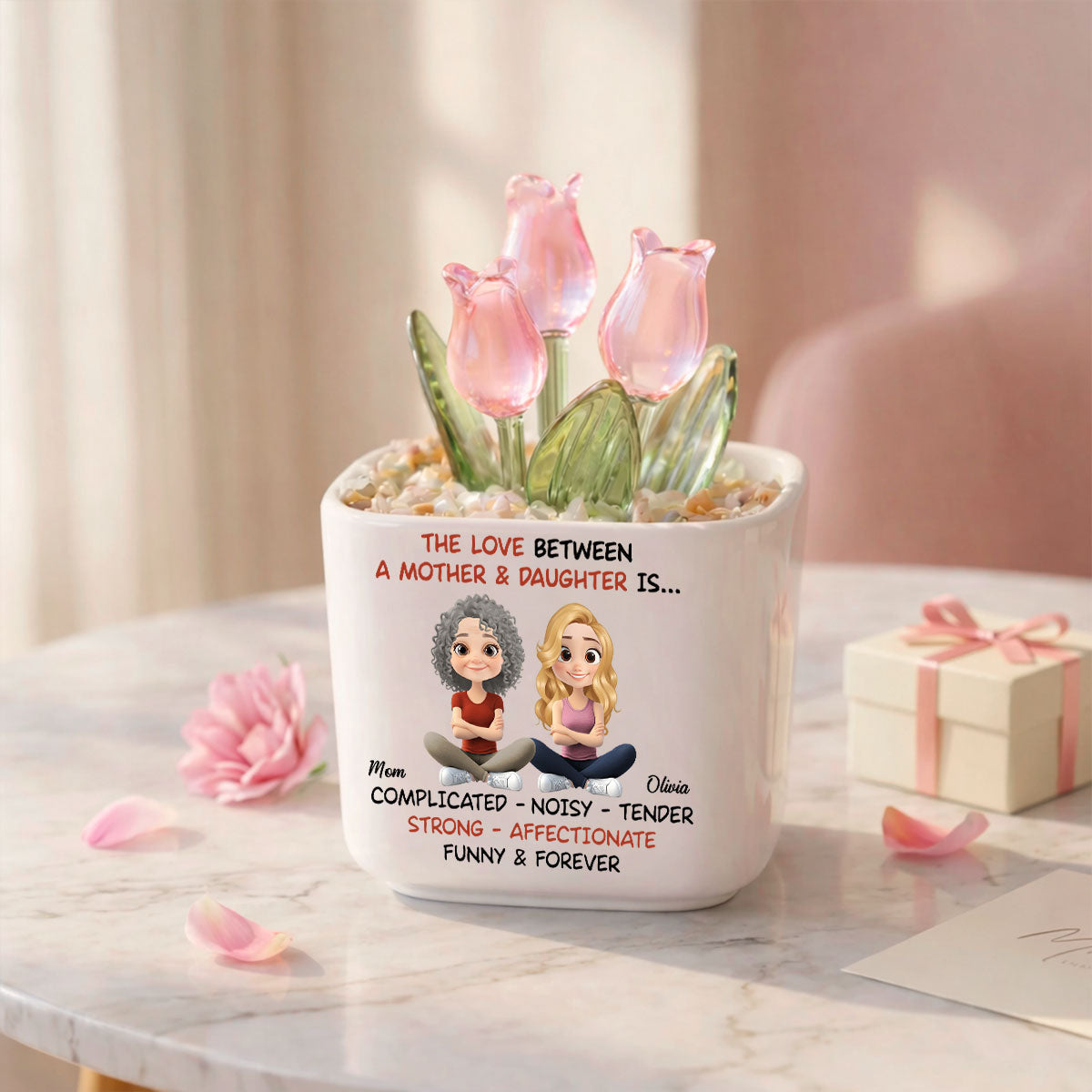 Custom Flower Keepsake, Glass Home Decor Gift for Daughter • Complicated Noisy Tender - Personalized Glass Everlasting Tulips