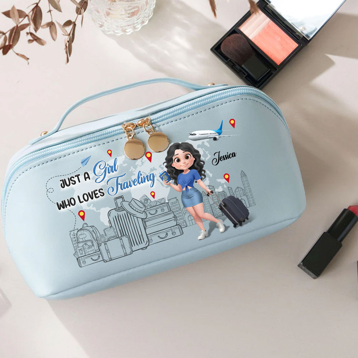 I Love Traveling - Personalized Leather Makeup Bag
