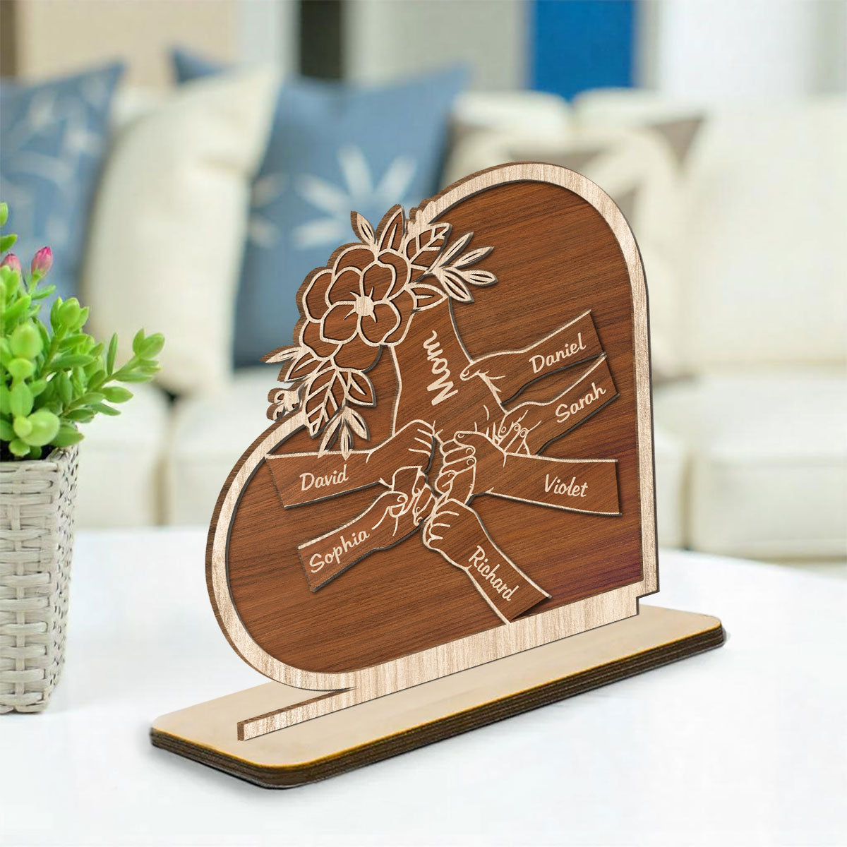 Custom Decor for Mom, Special Gift for Mother • Mom Hold Our Hand And Our Heart - Personalized 2-Layer Wood Plaque With Flat Base