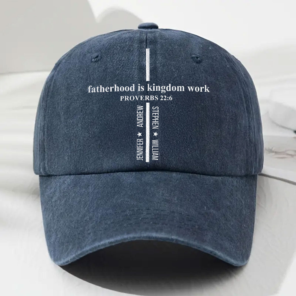 Custom Father's Day Christmas Birthday Gifts for Dad • Fatherhood Is Kingdom Work - Personalized Vintage Washed Denim Cap