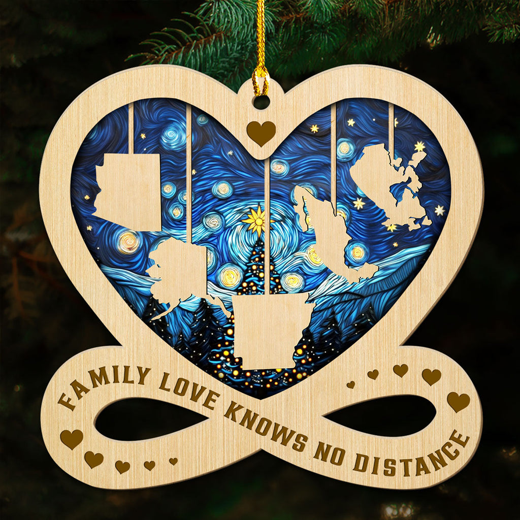 Custom Family Christmas Ornament for Long Distance Families •  Family Love Knows No Distance - Personalized Wood Ornament