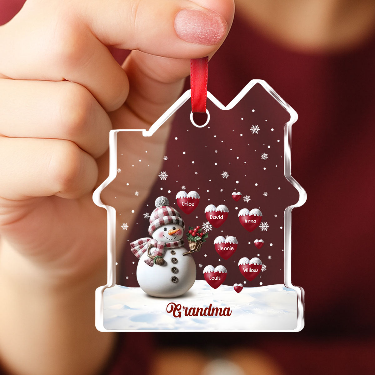 Custom Keepsake Christmas Ornament •  Happy Christmas Snowman Grandma - Personalized House Shaped Glass Ornament