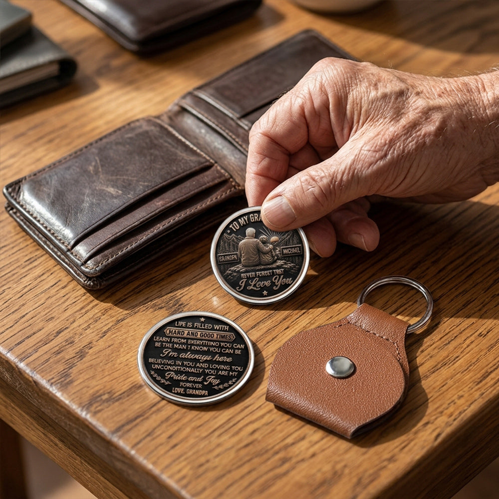 Custom Coin Keychain For Grandson Nephew, Family Keepsake • Grandpa Will Always Stand Beside - Personalized 3D Printing Pocket Hug