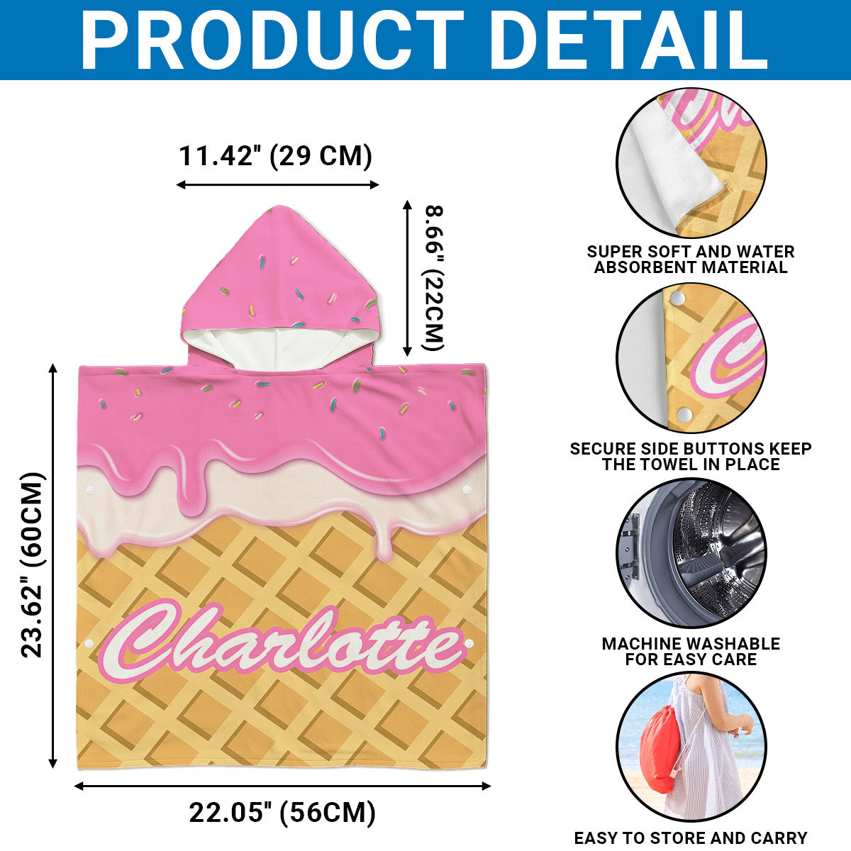 Ice Cream - Personalized Hooded Beach Towel