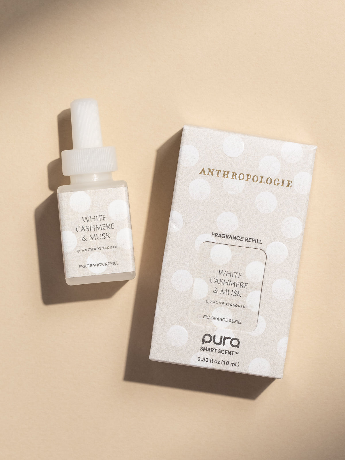 Antrhopologie White Cashmere & Musk fragrance vial and packaging on a beige background