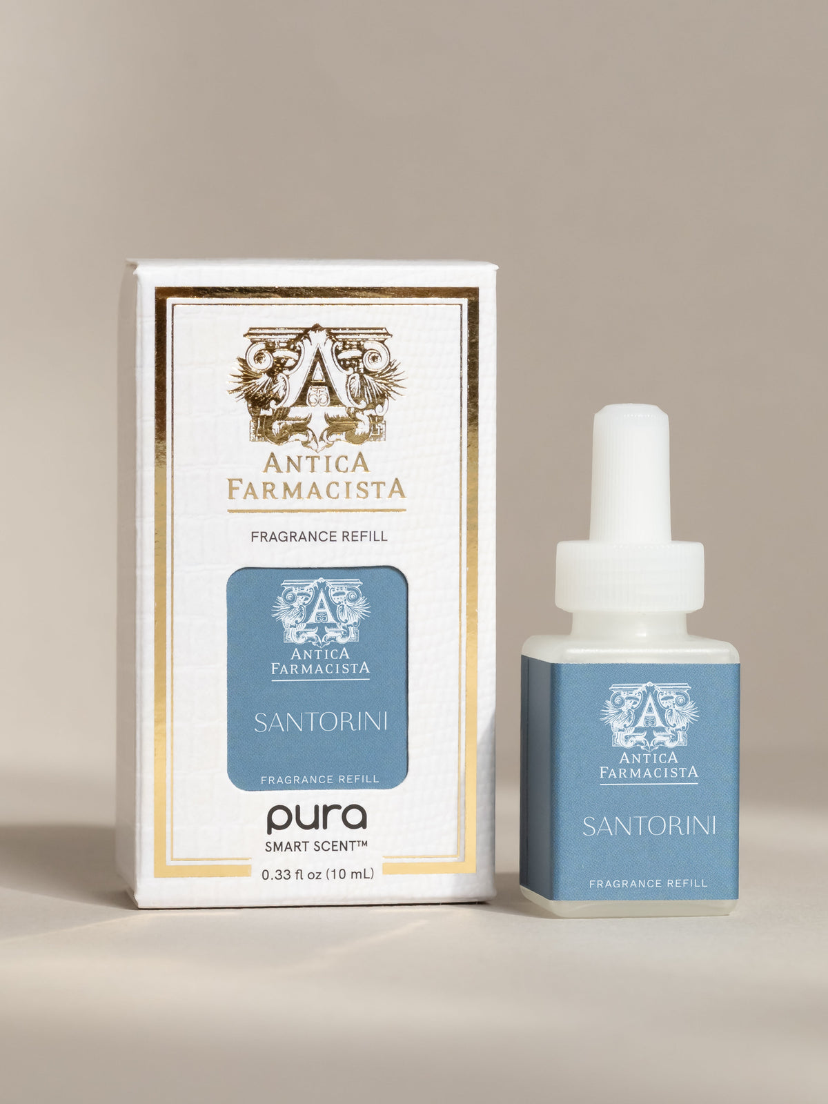 Antica Farmacista Santorini fragrance vial and packaging on a neutral background