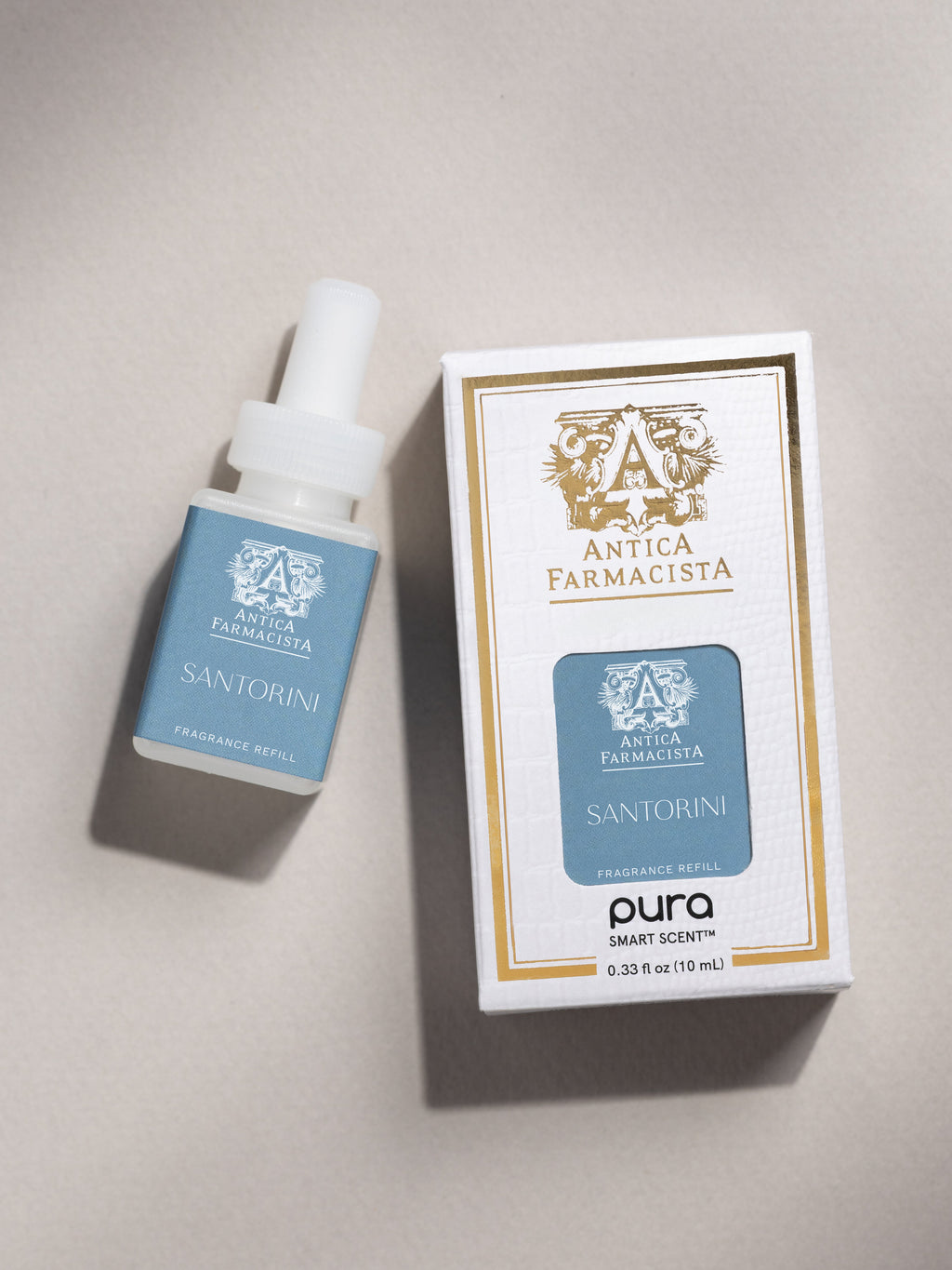 Antica Farmacista Santorini fragrance vial and packaging on a neutral background